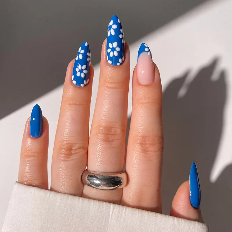 24Pcs Gradient Pink Nails Set Press on Cute French Press on False Nails Flower Design Wearable Almond Full Cover Fake Nail Tips 1766