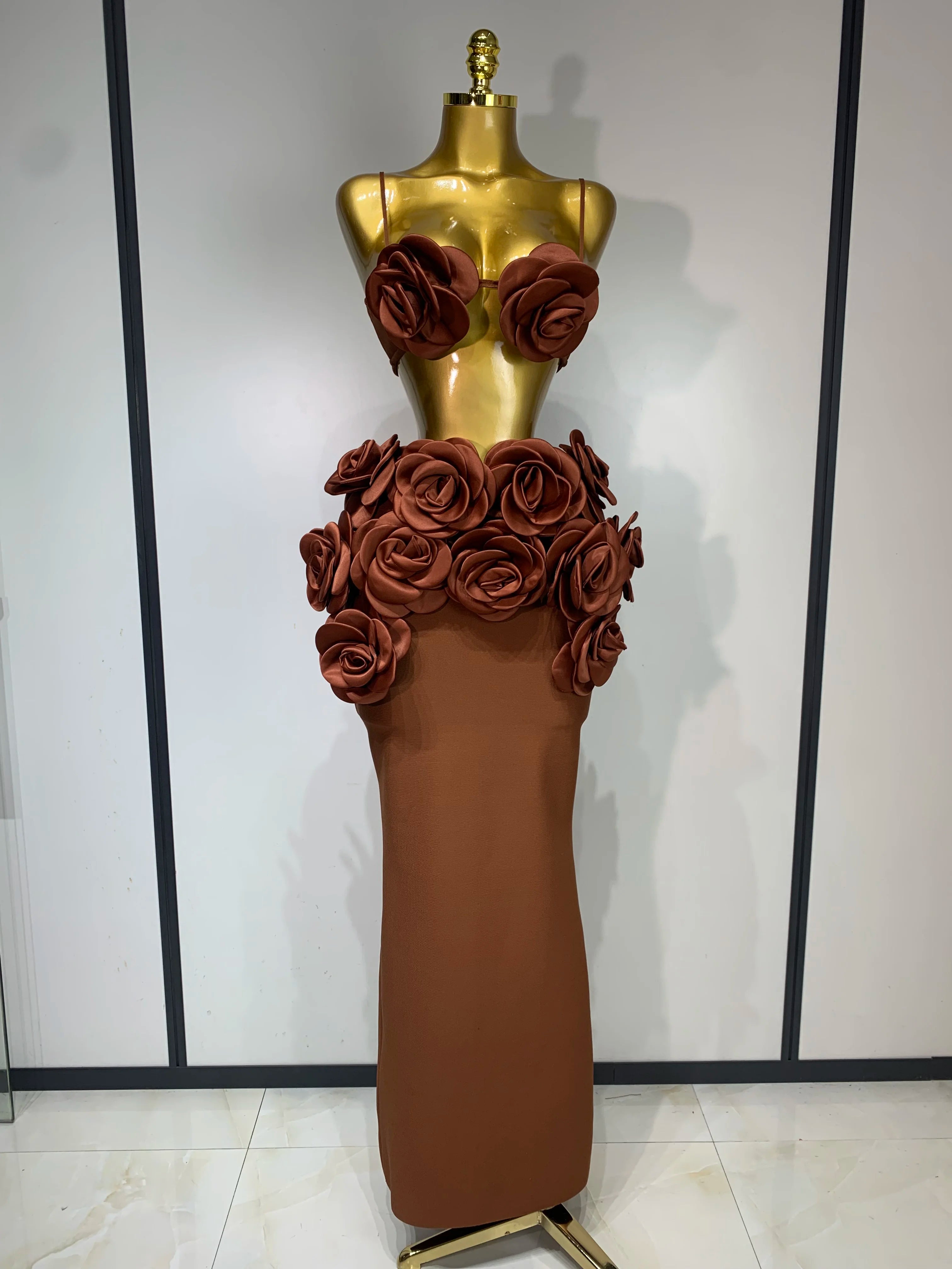 Women Sexy Camisole Floral Bandage Long Skirts Two Piece Set 2025 Celebrity Elegant Party Cocktail Prom Gown Nightclub Outfit Dark Brown