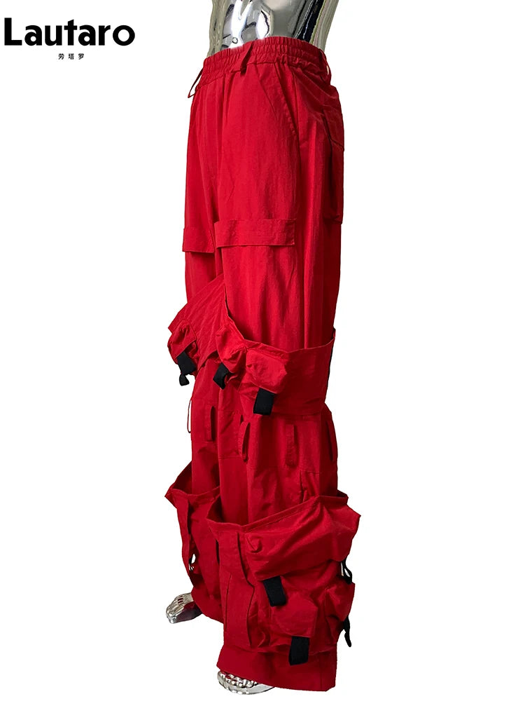 Lautaro Autumn Long Red Waterproof Nylon Cargo Techwear Pants Cyberpunk for Men Many Pockets Luxury Designer Emo Clothes 2025