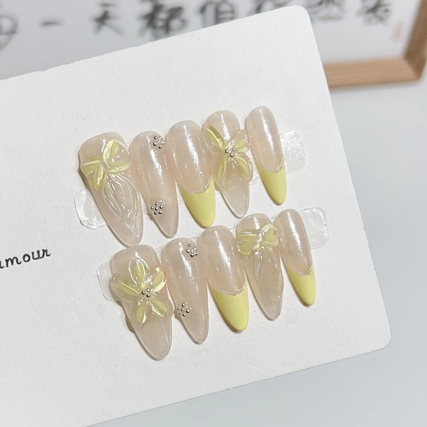 10Pcs Dreamy Ballerina Almond Handmade Gel Nail Glitter False Nails with Diamond Sweet Aurora French Press on Nail Manicure Tips