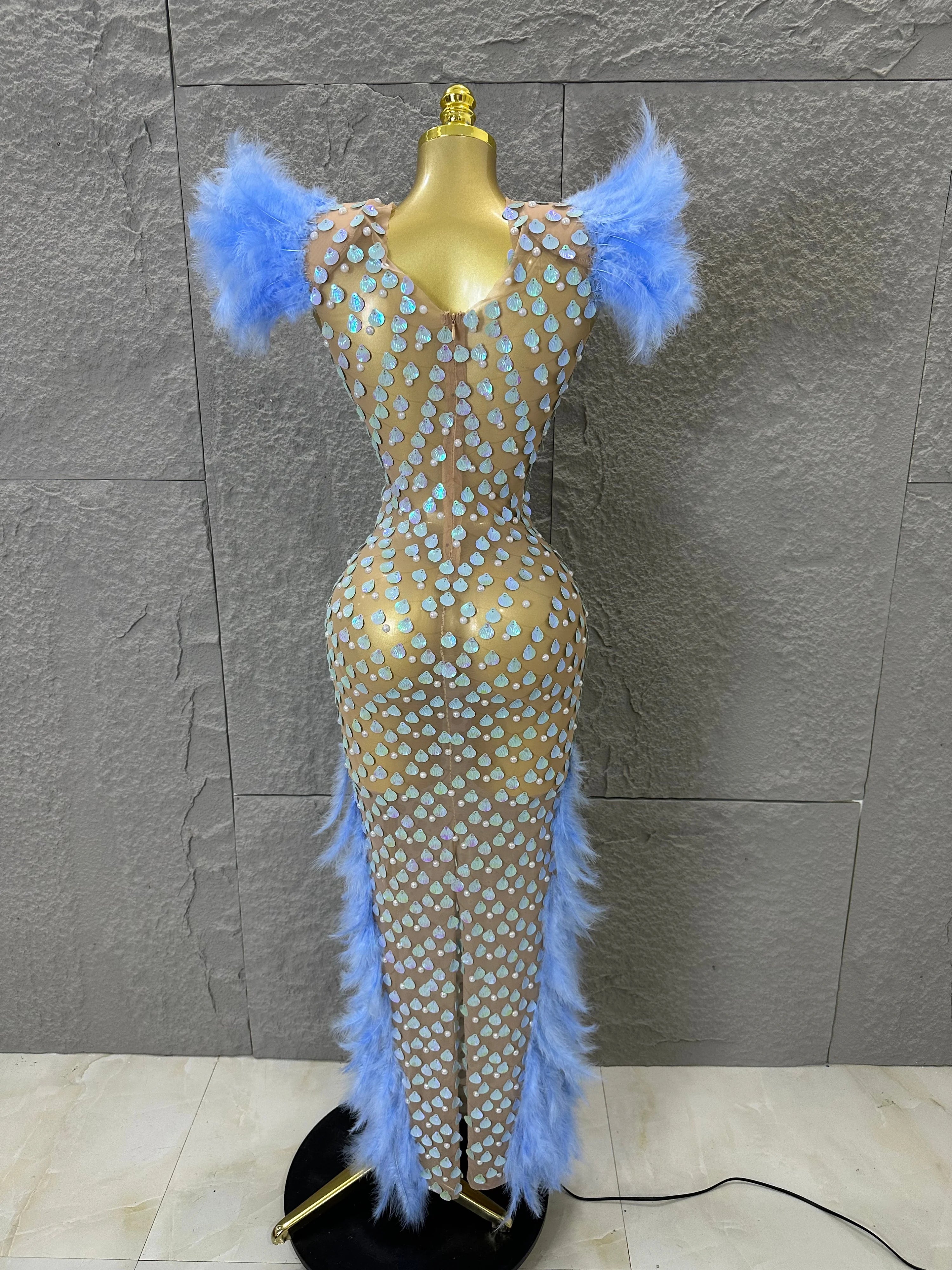 Women Blue Feather Trim Teardrop Sequin Embellished Bodycon Stage Performance Gown Nude Sheer Mesh Maxi Dress