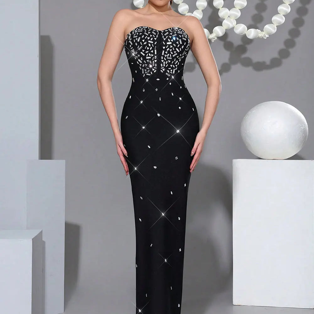 2025 Sexy Women's Nail Bead Design Bandage Dress Strapless Sleeveless Bodycon Backless Long Dress Cocktail Dinner Dress Vestitos black