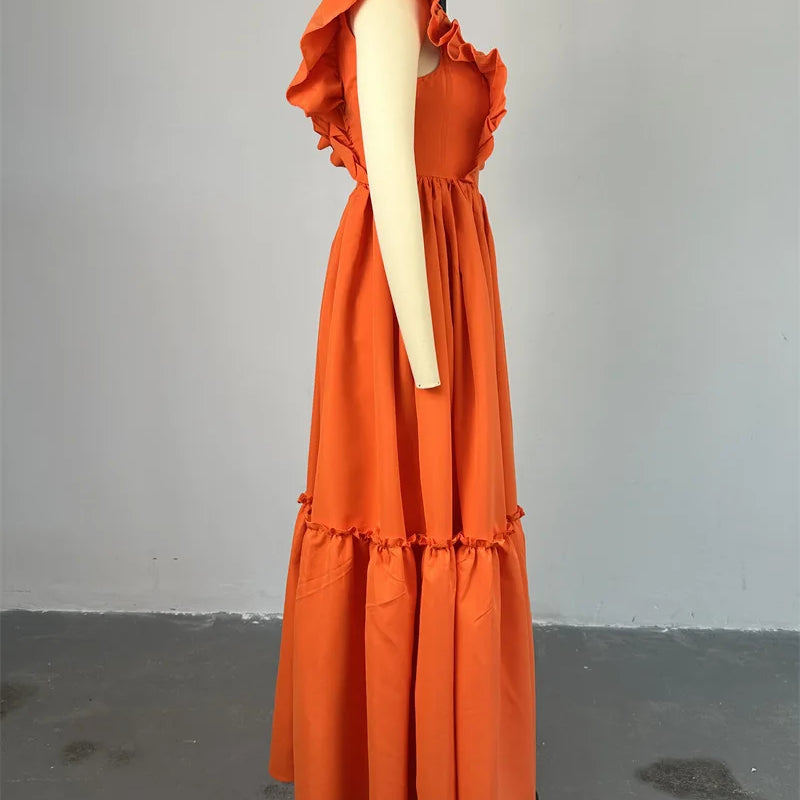 2024 Summer Ruffles Short Sleeve Sweet Cute O-Neck Floor-Length Long Women Dress Beach Streetwear Big Swing Maxi Dresses