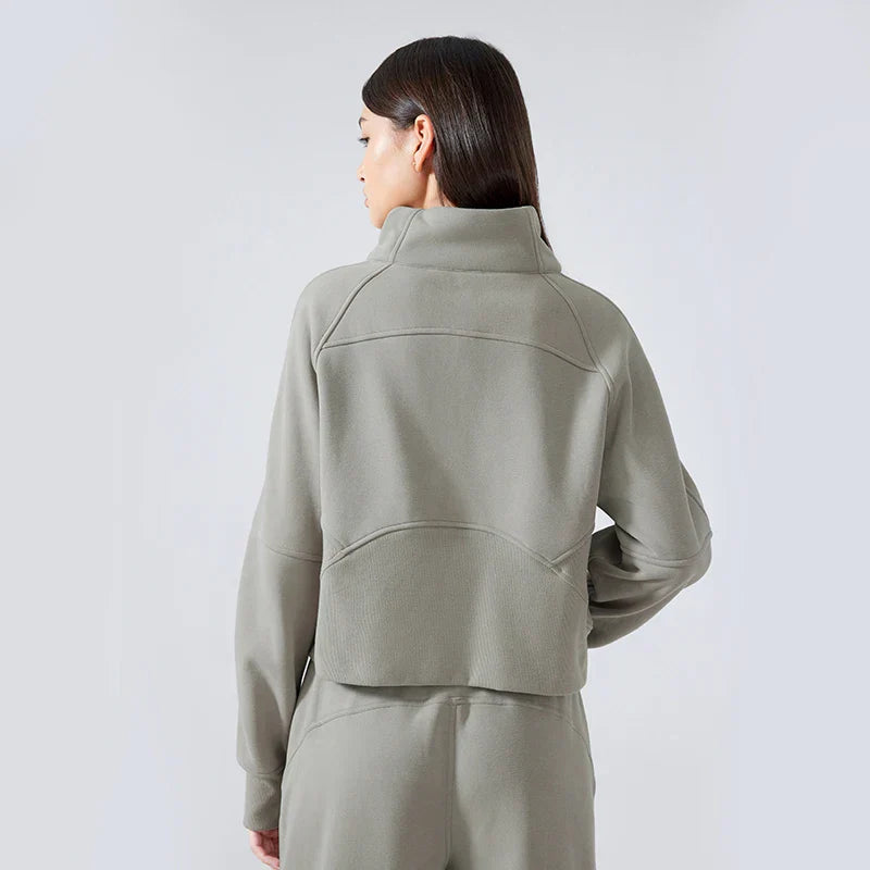 Autumn New Half Zipper High Stand Collar Pullover Top for Women's , Warm and Fleece Thick Sports Hoodie for External Wear