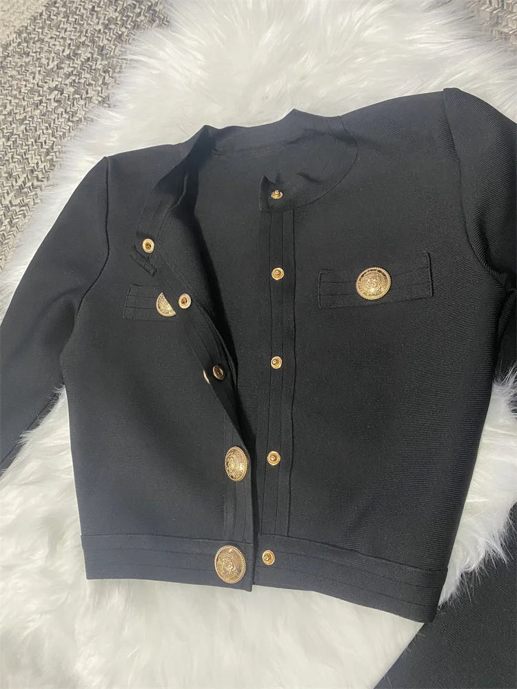 Celebrity Black Long Sleeve 2 Pieces Rayon Bandage Set Evening Party Set Vestidos