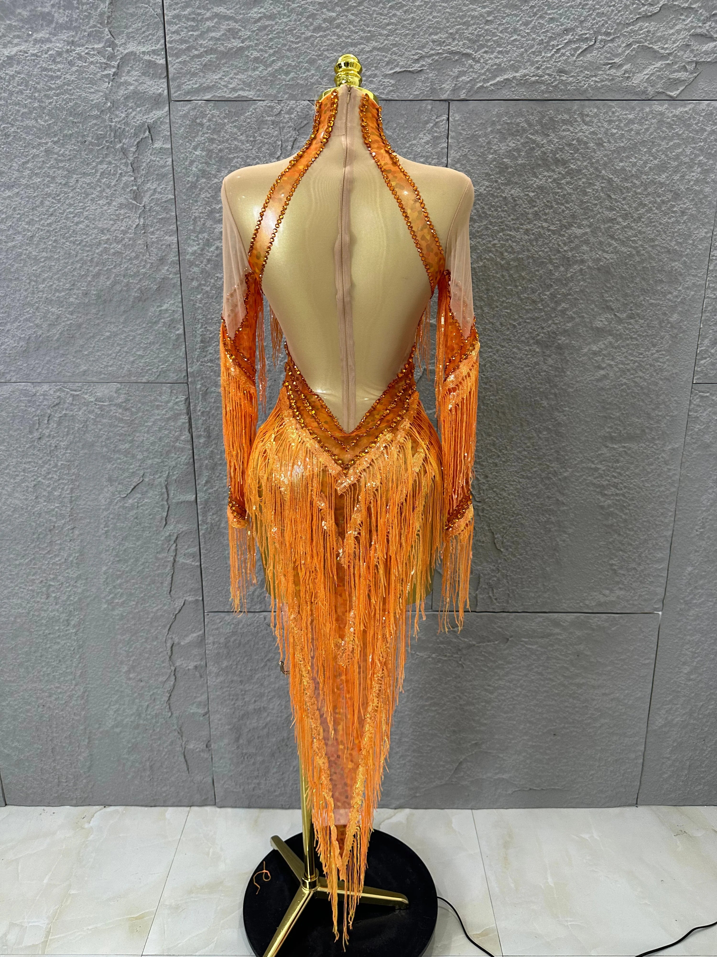 Sparkly Orange Rhinestone Fringe High Neck Dress Women Sheer Mesh Embellished Latin Dance Performance Costume
