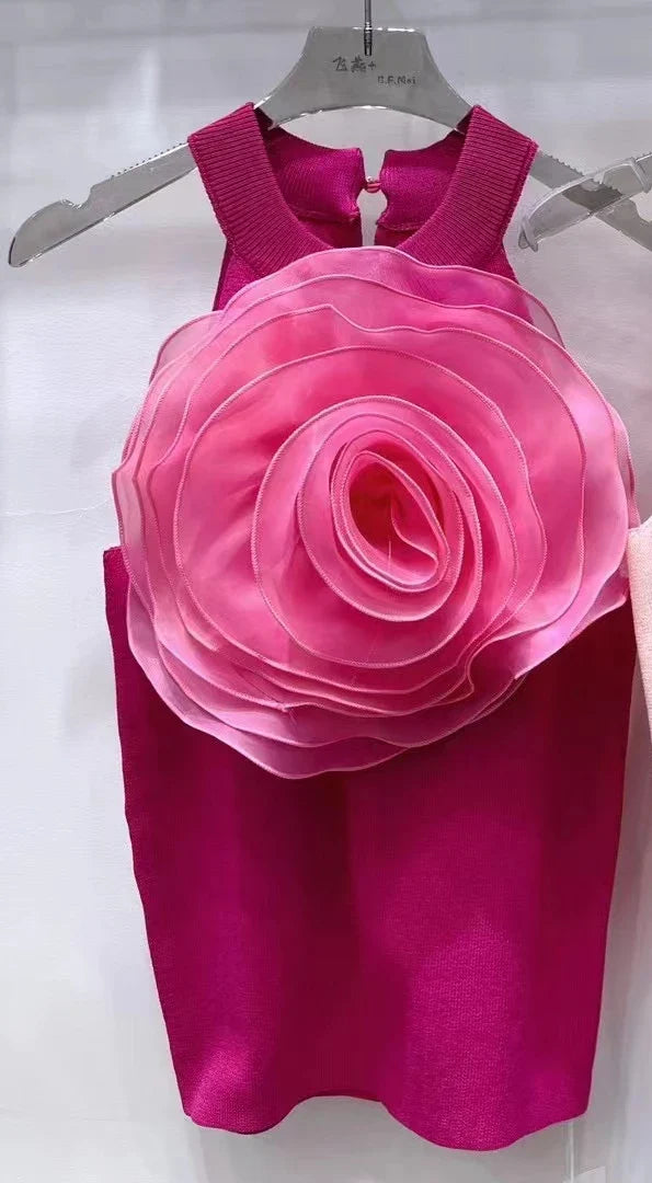 Summer Knitwear Sexy Crop Tank Top Femme Black White 3D Flower Sexy Sleeveless Knitted Top Slim Fit Halter Vest Rose Red One Size
