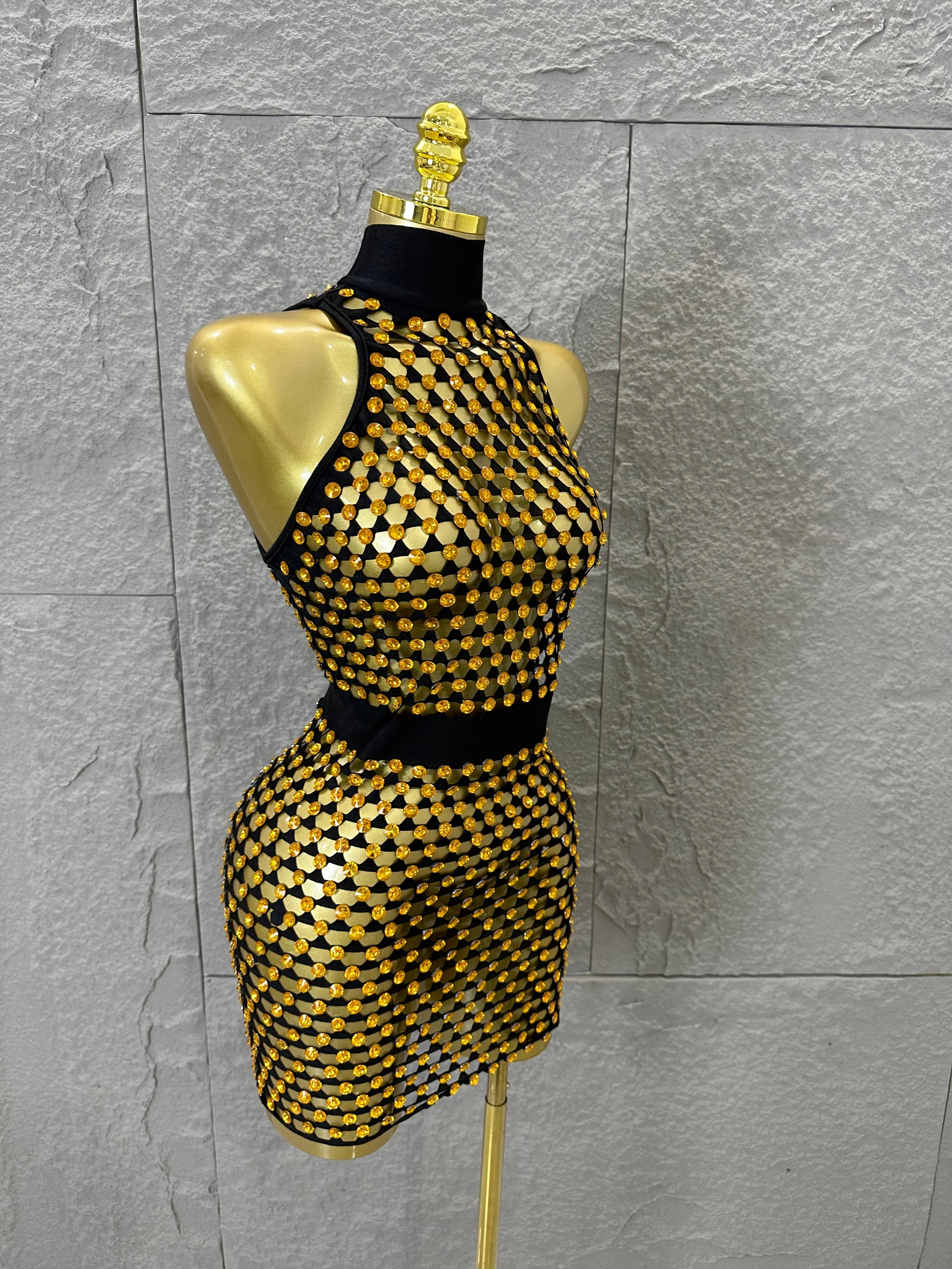 Luxury 2026 Glamorous Black Mesh Halter Mini Dress Sparkle Rhinestone Gold Silver Bead Bodycon Bar Stage Performance Costume