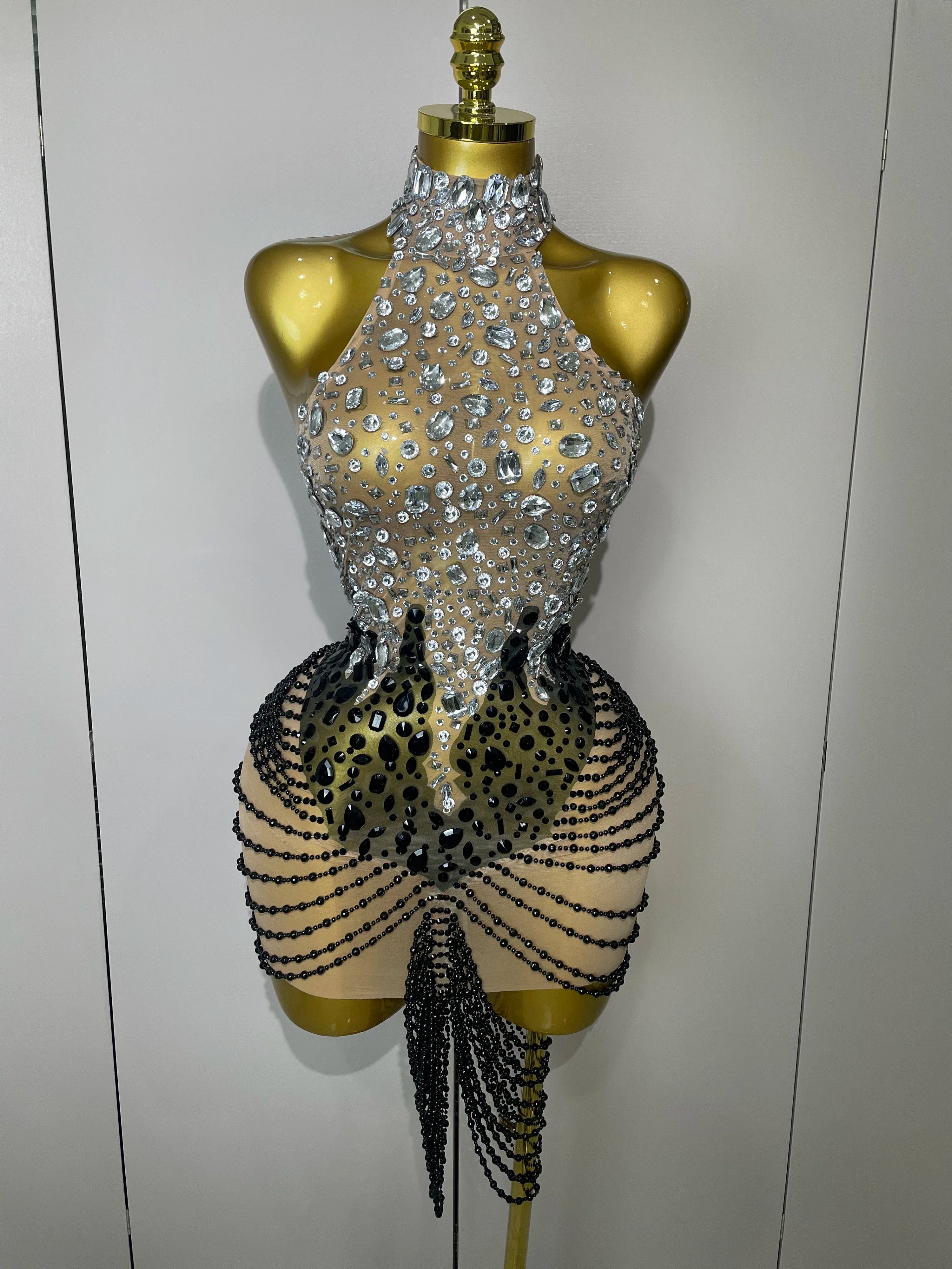 STOCK Sparkly Crystals Beading Short Dress 2025 Women Sexy Mesh Backless Evening Prom Celebrate Birthday Dress Photo Shoot Wear Silver