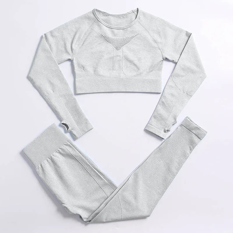 2PCS Seamless Women Sports Suits Yoga Set Workout Sportswear Gym Clothing Fitness Long Sleeve Crop Top High Waist Leggings ShirtsPantsLightgrey