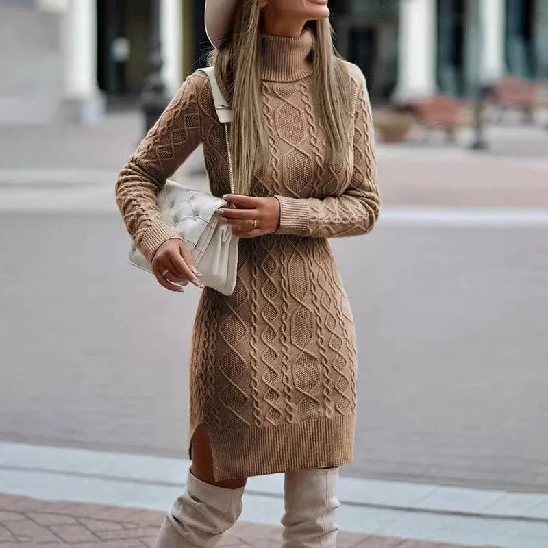 Autumn Winter New Women's Knitted Wrap Hip Skirt High Neck Warm and Thickened Elegant Knitted Sweater Long Sleeve Dress Khaki LYQ262