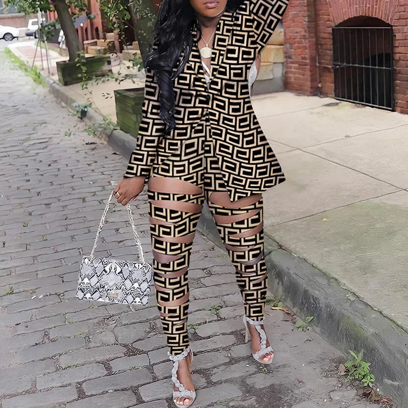 Plus Size Women Two Piece Set Turn Down Collar Vintage Print Autumn Long Sleeve Jacket Blazer Slim Hollow Out Pants Suit 2022 06