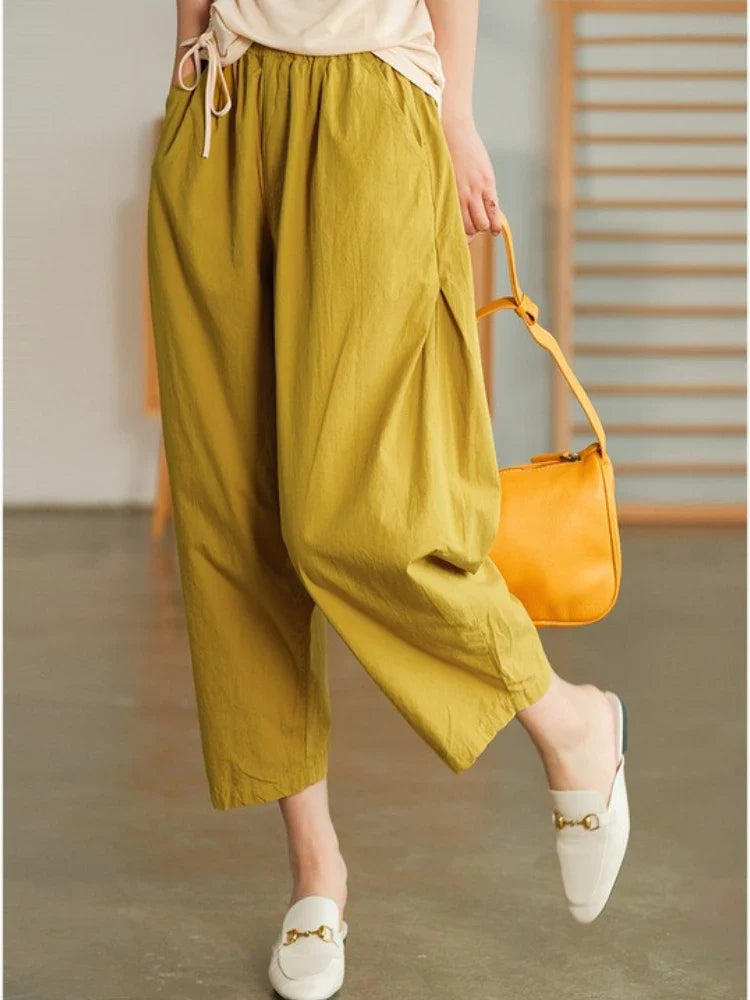 Women Summer Pants New High Waist Wide Leg Retro Cropped Trousers Casual Loose Baggy Cotton Linen Pants for Women Bottoms Yellow