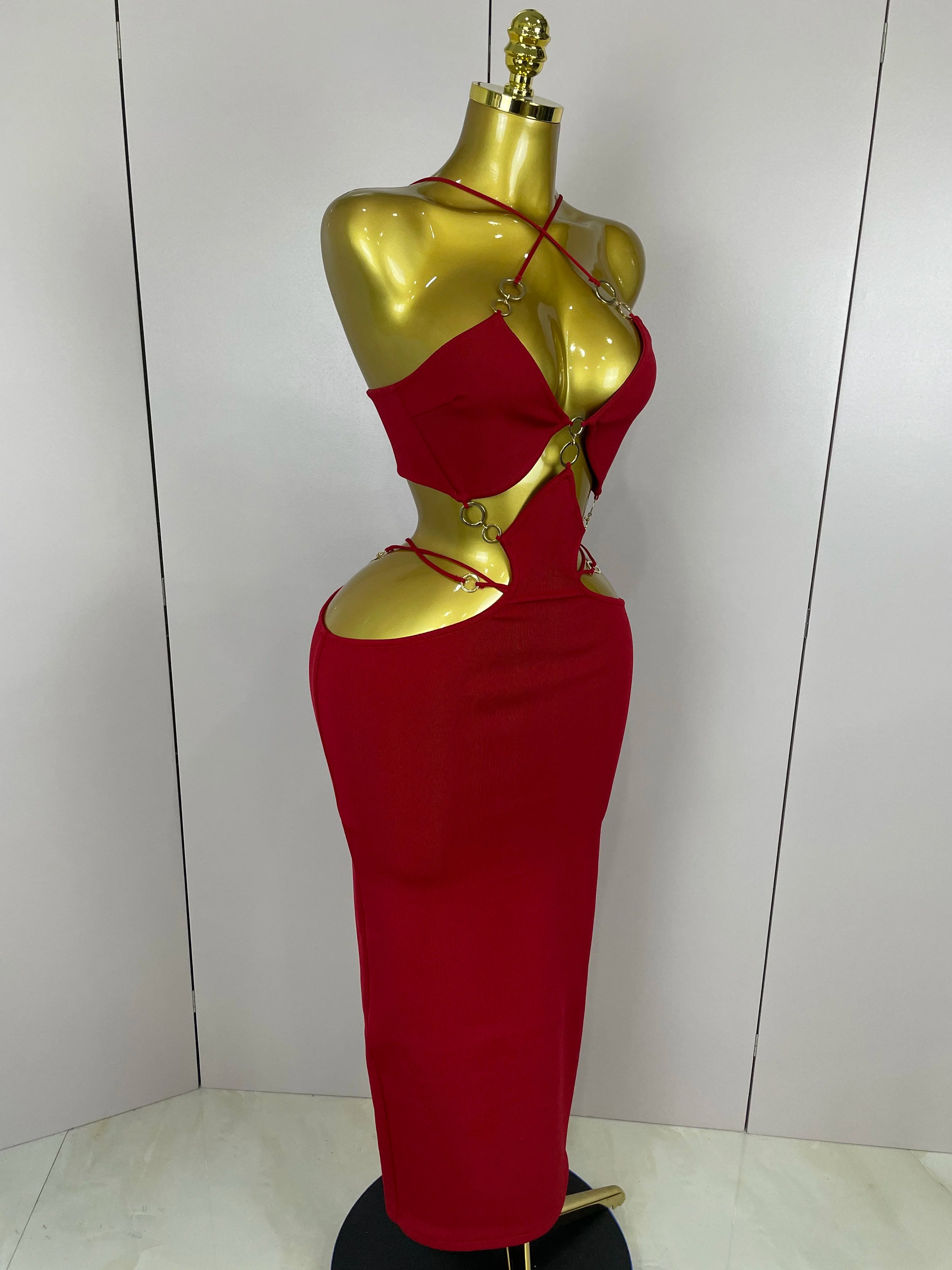 Sexy Halter Hollow Out Sleeveless Black Red Bodycon Long Bandage Dress 2025 Women Celebate Elegant Luxury Birthday Club Dress