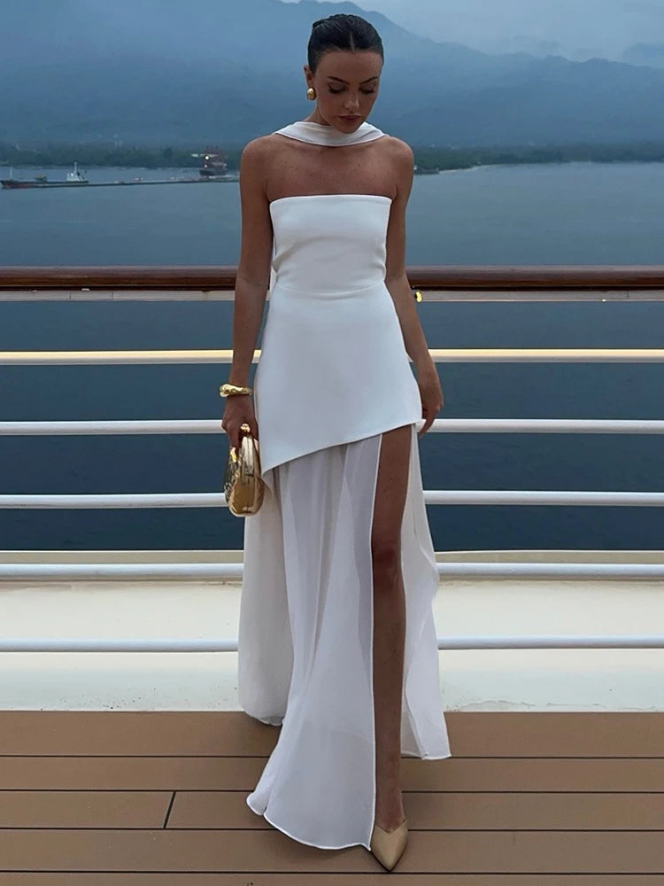 Mozision Elegant Strapless Sexy Maxi Dress For Women Gown With Scarf Off-shoulder Sleeveless Backless Split Beach Long Dress WHITE