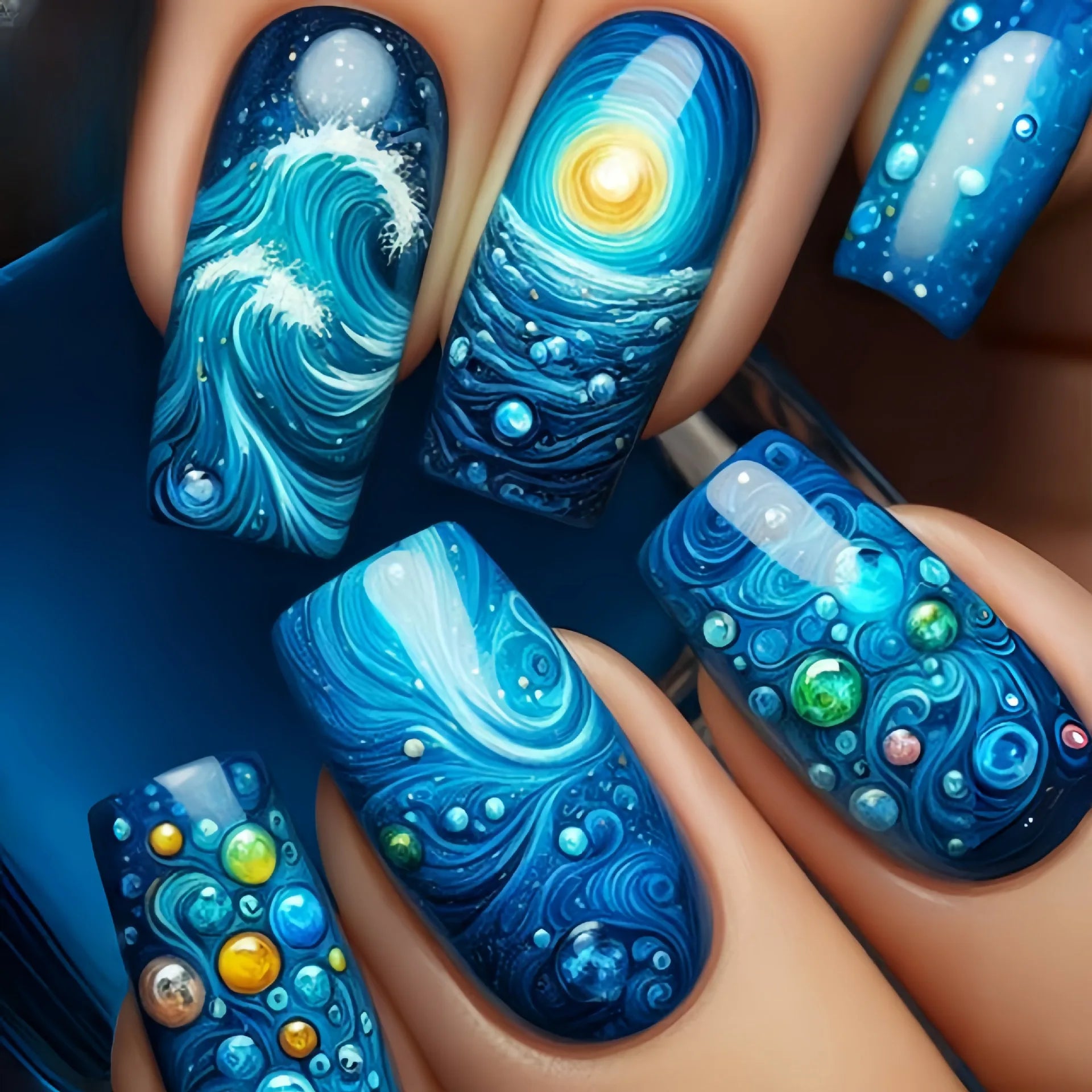 24Pcs Long Blue Fake Nails with Jelly Glue Full Cover Ocean Sunrise Press on Nails Detachable Acrylic Fashion Finished Manicure 6