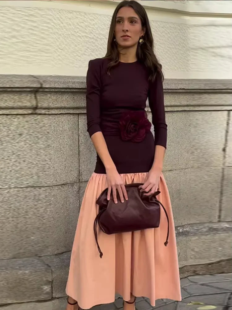 Vintage Women Ruffle Edge Splicing Full Sleeve Dress Fashion Round Neck A-line Maxi Dresses 2025 Lady New Spring Highstreet Robe