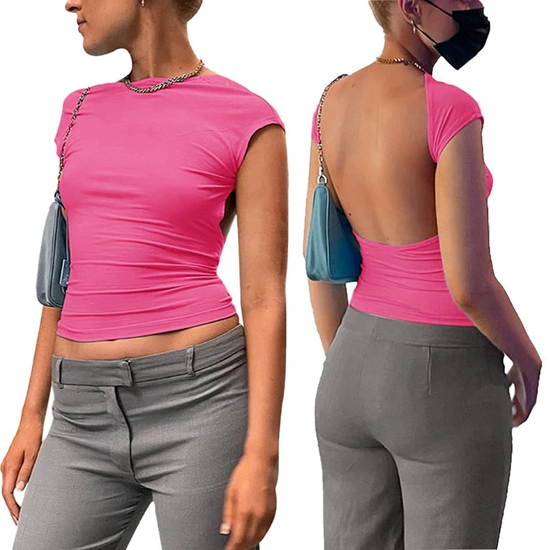 Y2K Sexy Backless Crop Top Women Casual 2023 Summer Short Sleeve O Neck T Shirts Streetwear Fit Slim Pullovers Base Tees T-Shirt