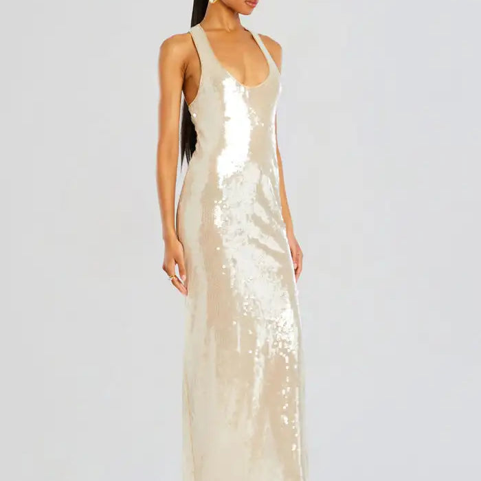 2025 New Fashion Shinning Sequins Women Sexy Sleeveless O-Neck Bodycon Long Dress Celebrate Nightclub Party Bar Singer Outfit