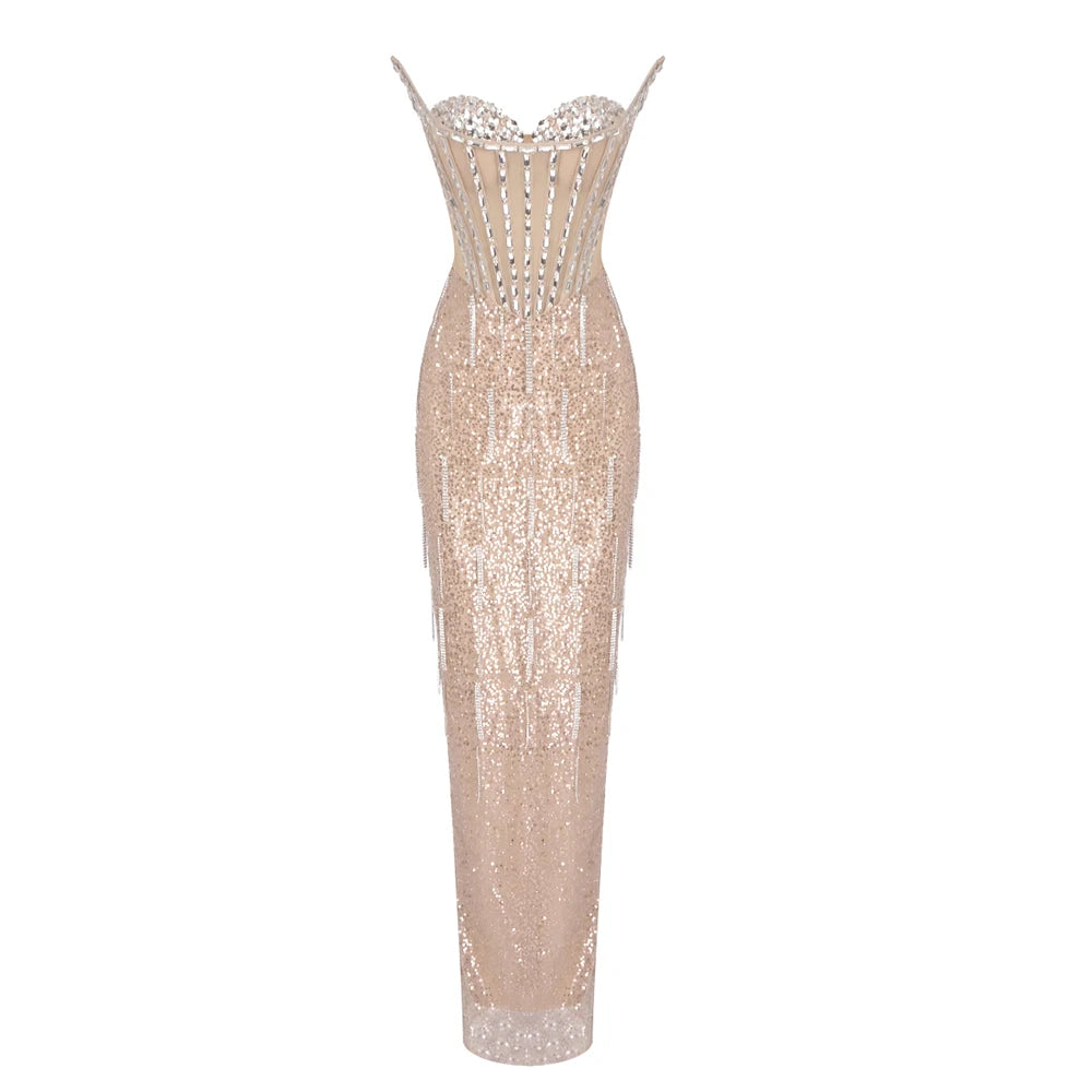 Nude Crystal Tassels Maxi Long Dress Strapless See Through Mesh Sequins Maxi Bodycon Celebrity Party Cocktail Evening Gowns Beige
