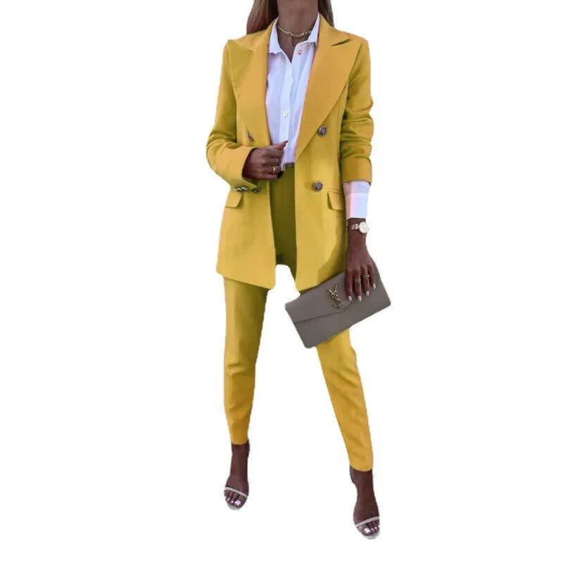 TIAMO 2 Piece Sets Womens Outfits Solid Color Temperament Suit Two-piece Fashion Casual Trousers Suit Wholesale Dropshipping Yellow