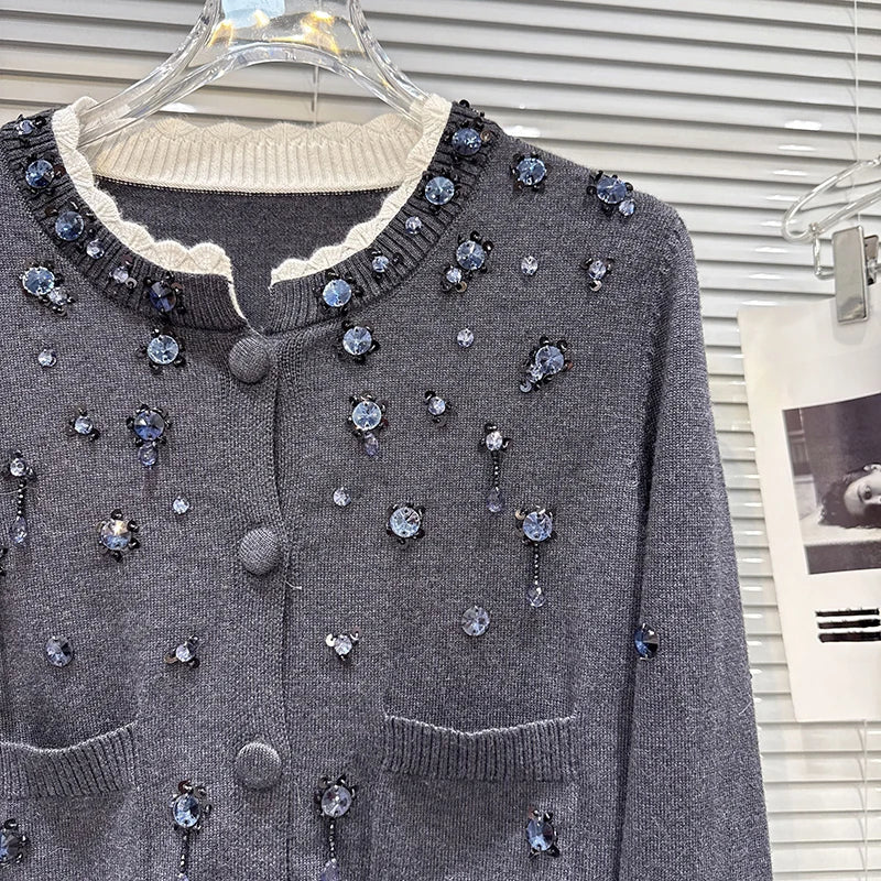 Winter New Fashion Beaded Rhinestone Contrast Color Lace Collar Knitted Cardigan Sweater For Women 11A07845