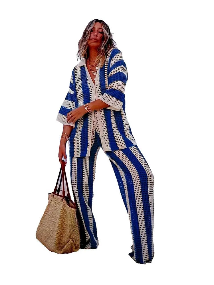 Summer Outfits for Women Vacation Hollow Out Sweater Shirt and Trouser Lady Casual Sexy Plus Size Sets 2 Piece Pants Sets Wide Navy Blue