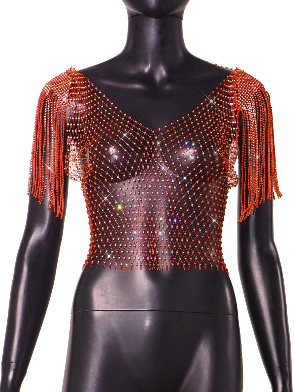 Women's Sexy V-neck Rhinestone Short Crop Top Blink Crystal Tassel Fringe Shoulder Decor Diamond Fishnet Shirt orange