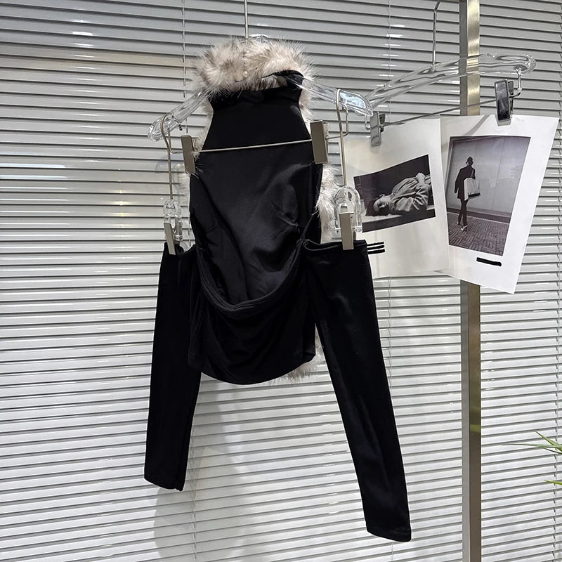 Winter New Fashion Gradient Furry Patchwork Off-Shoulder T-Shirt For Women Versatile Slim Fit Tops Female 11A07698