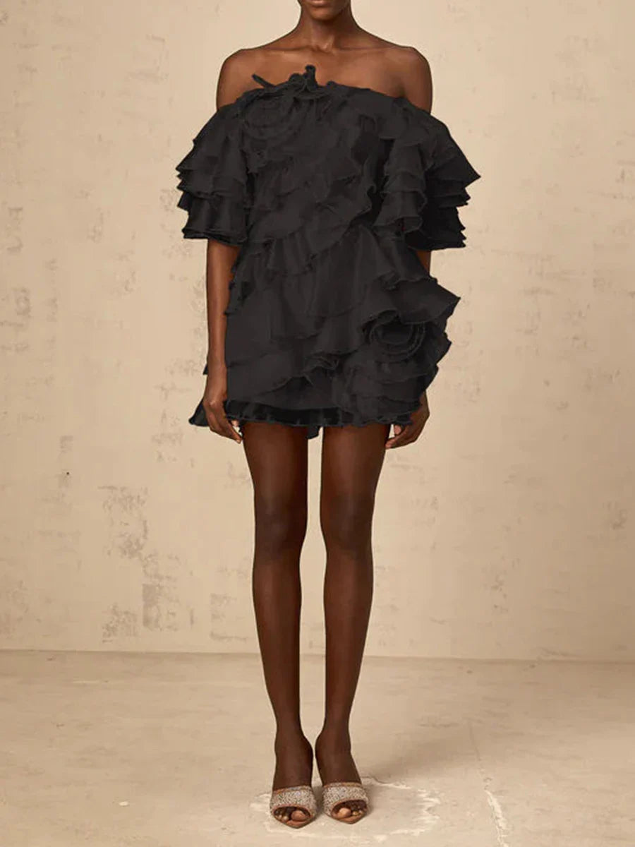 Solid Slimming Spliced 3D Flowers Mini Dresses for Women Slash Neck Off Shoulder Patchwork Ruffles Dress Female New