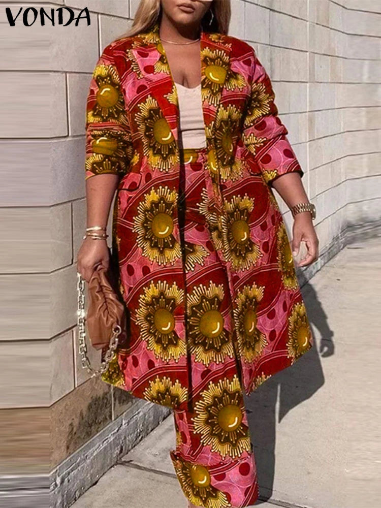 Plus Size VONDA Bohemian Printing Elegant Outfits Women Long Sleeve Two Piece Sets 2024 Holiday Fashion Casual Simple 2pc Suits Red