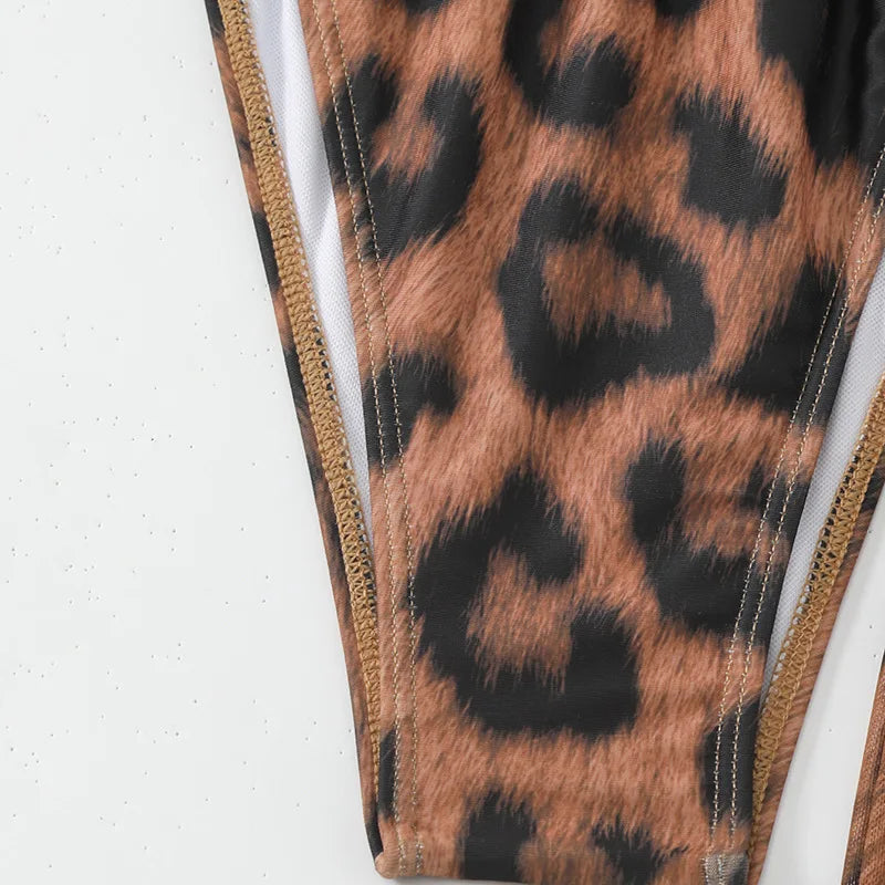 Women Beach Bikini Set with Cutout Leopard Printed Sexy Long Bodycon Swimsuit Three 2 Piece Set Swimwear Bathing Suit