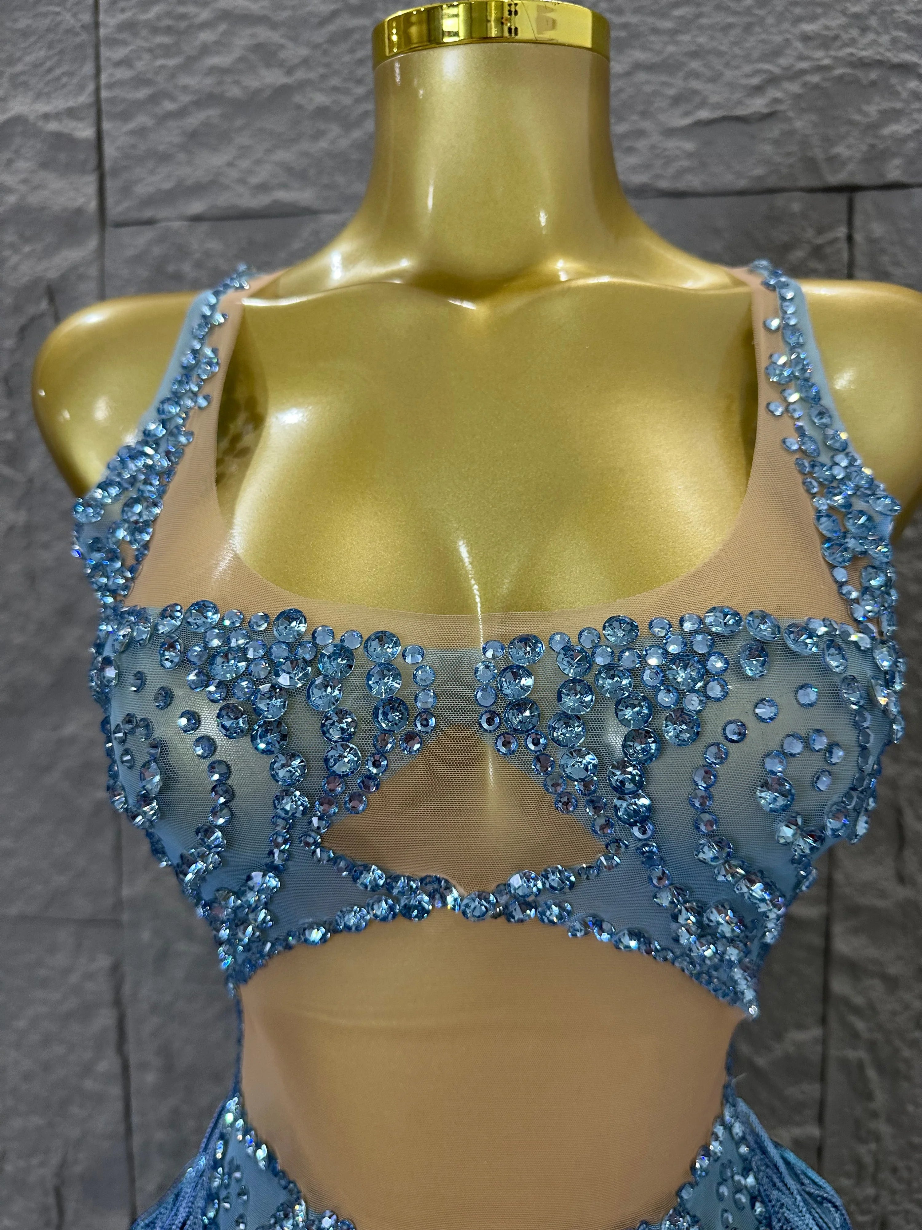 Refined Blue Spaghetti Strap Mini Dress Women Sheer Mesh Rhinestone Fringe Embellished Latin Dance Performance Costume