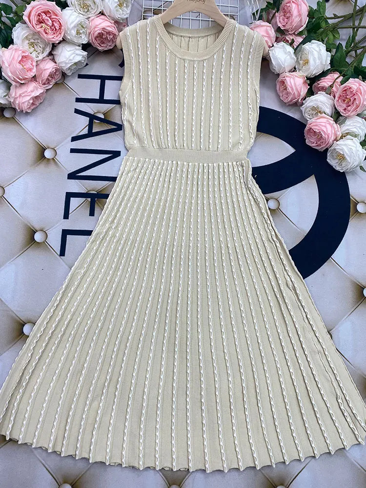 2024 New Listing Elegant Striped Knit Dress Women O-neck Sleeveless A-line Dresses Club Evening Party Midi Vestido apricot