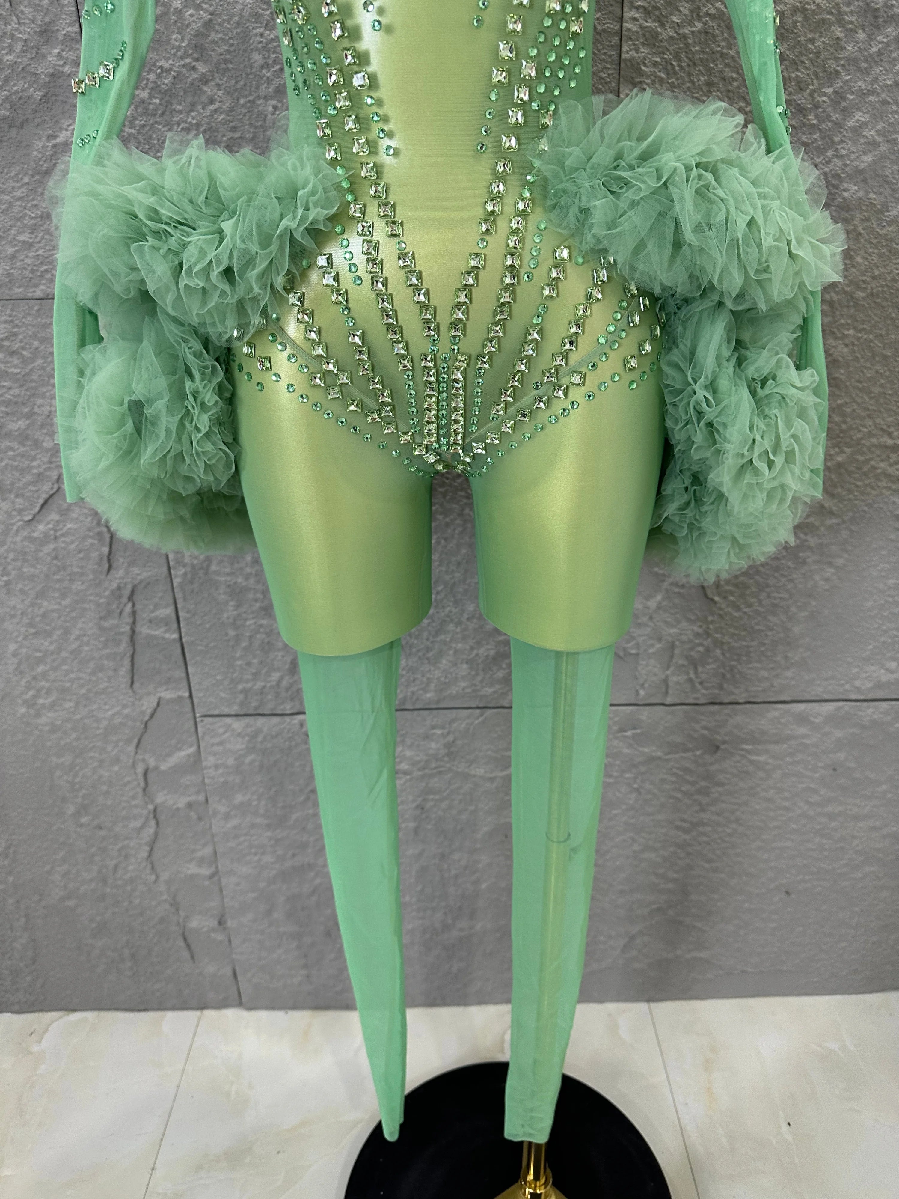 Sparkly Green Long Sleeve Bodysuit Women Stage Performance Sheer Mesh Rhinestone Embellished Ruffle Tulle Latin Dance Costume