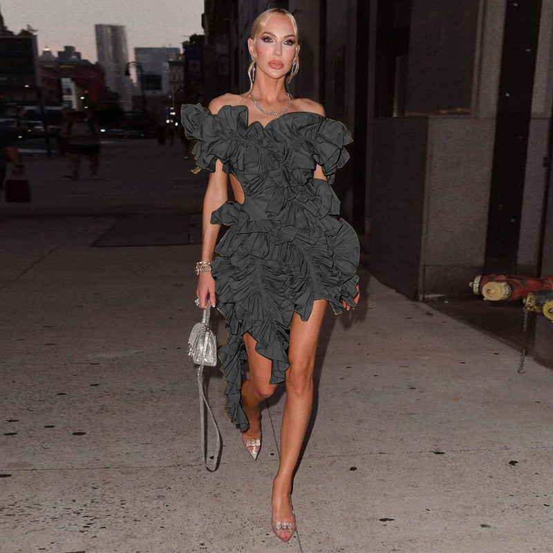 Women Edible Tree Fungus Tierred High Low Asymmetrical Ball Gown Dress 2024 Sexy Club Party Evening High Street Dresses Black