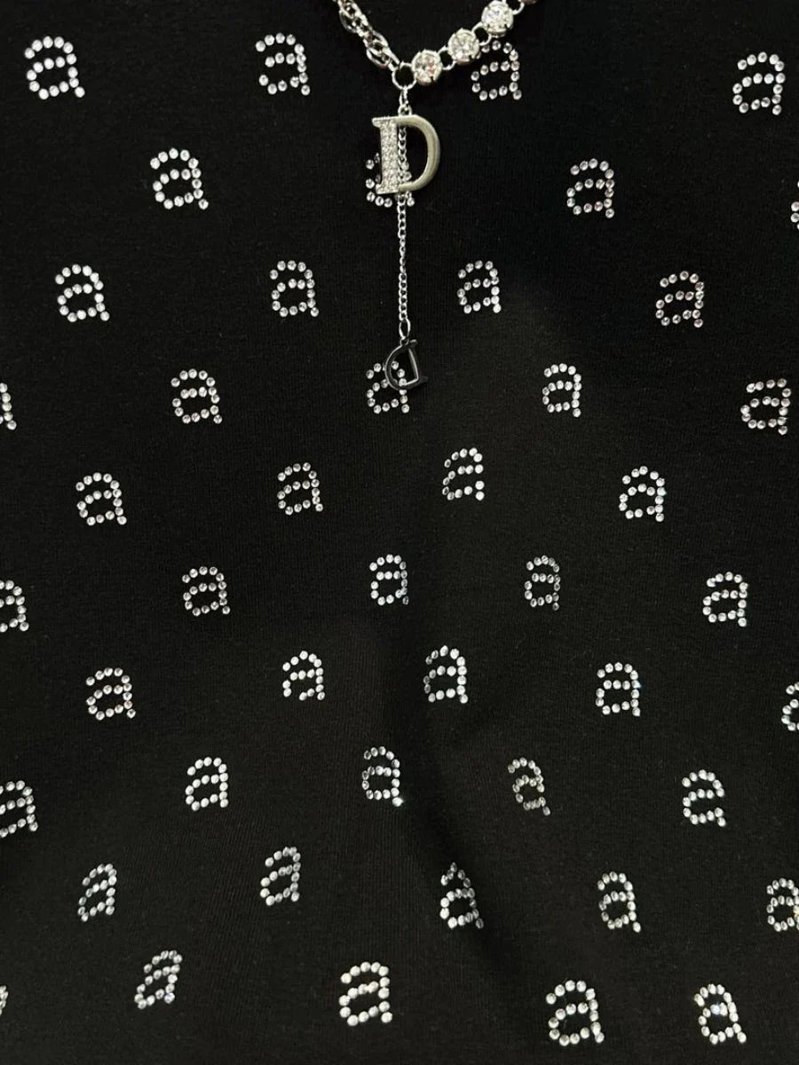 AW Wang Diamond A Letter Slim Fit Stretch Black Long Sleeve Short Skirt For Women Evening Party Dress Vestidos Midi Clothing