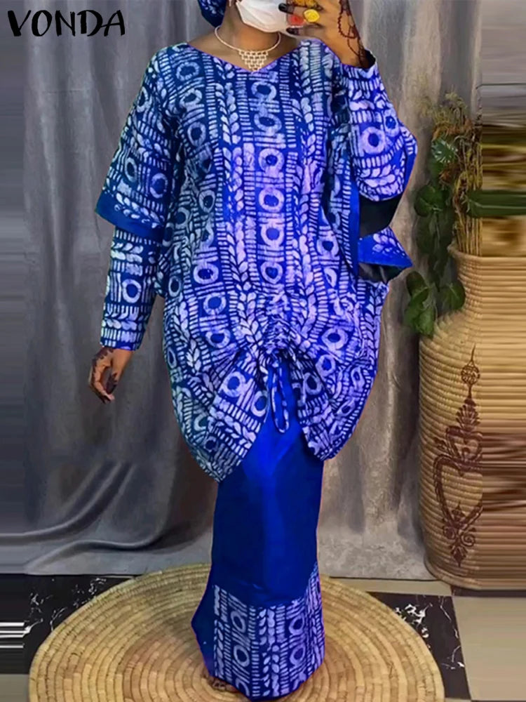 Plus Size 5XL VONDA Women Sets 2024 Bohemian Printed Outfits Elegant Long Sleeve Top+Half Skirt Two-Piece Sets Casual Loose Suit Blue