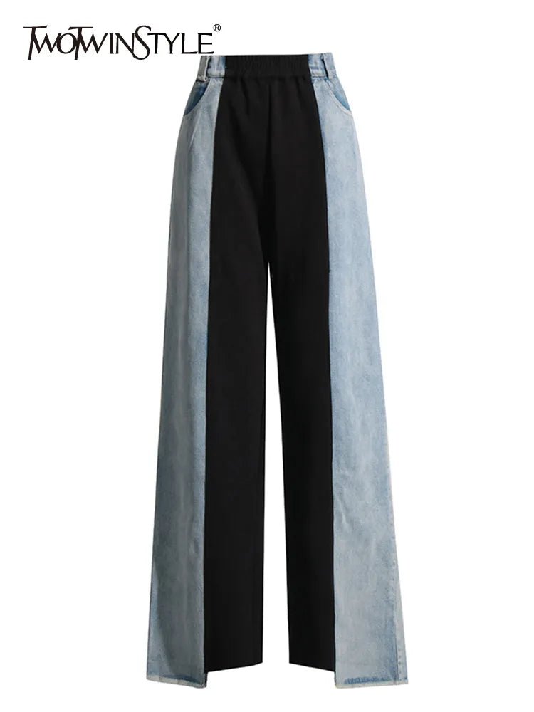 Straight Loose Denim Pants Female High Waist Colorblock Loose Wide Leg Long Trousers Women Clothing 2023 Style New