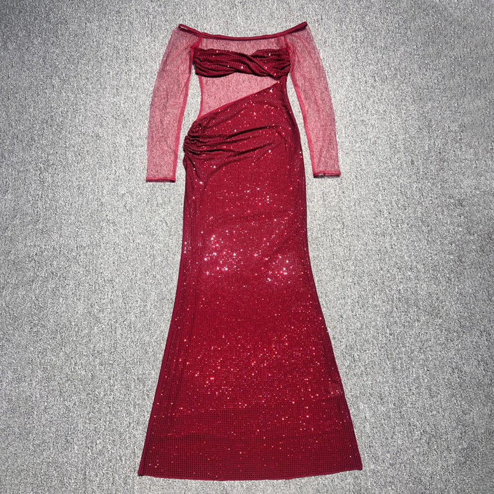Elegant Sequin Embellished Off-Shoulder Mesh Maxi Dress for High-End Weddings Evening Gown Red
