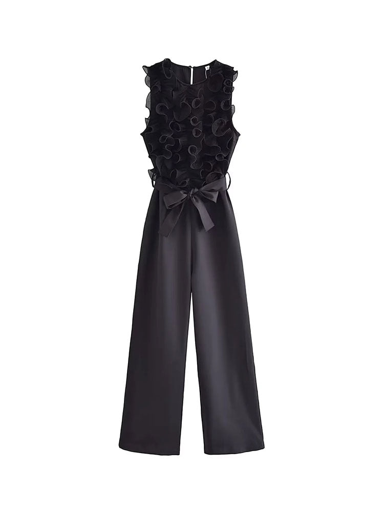 TRAF 2024 New Summer Women Elegant Solid Ruffle Sexy White Jumpsuits Fashion Long Jumpsuit with Belt