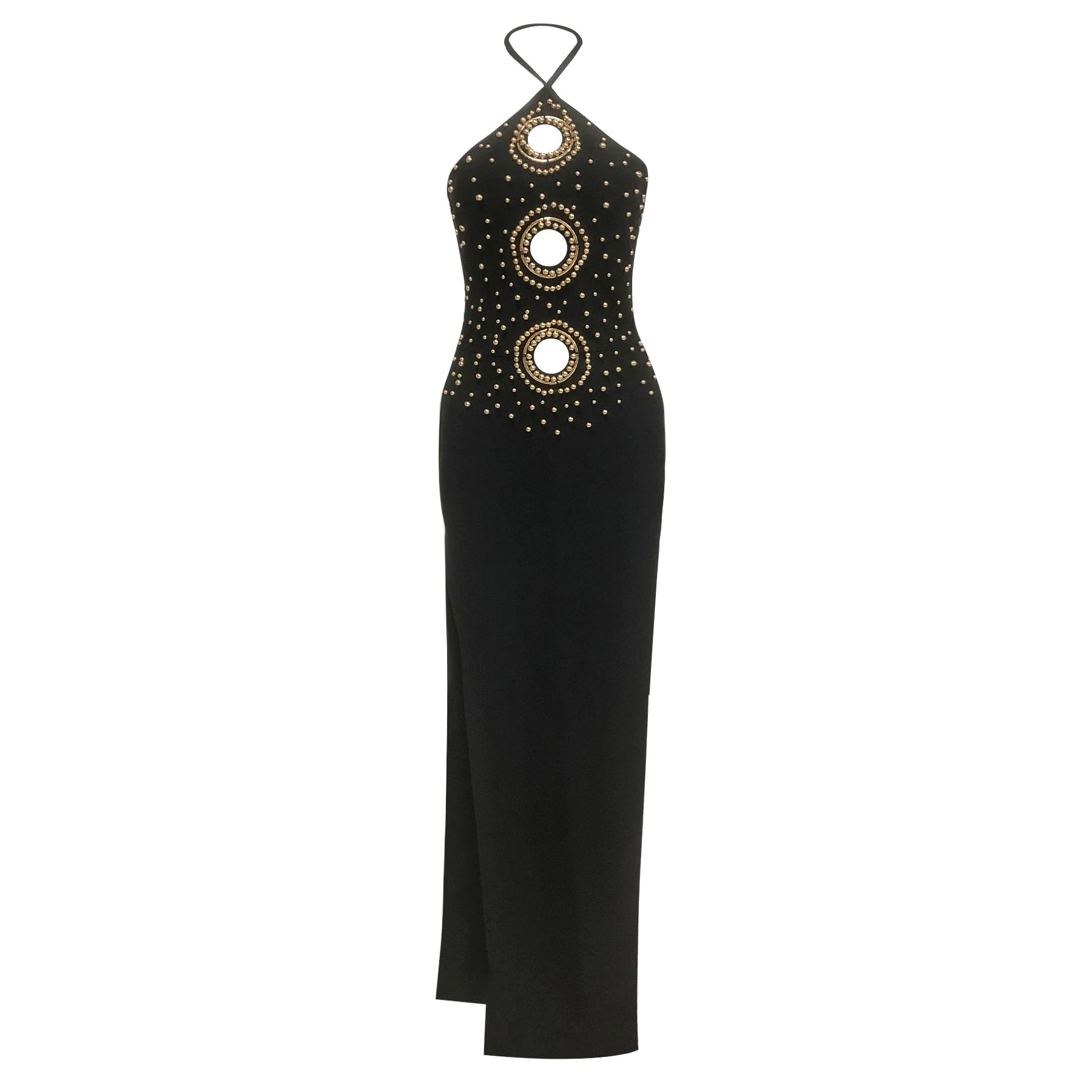 Black Color Women Sexy Halter Off the Shoulder Golden Beading Bodycon Bandage Long Dress Evening Party Celebrate Outfit