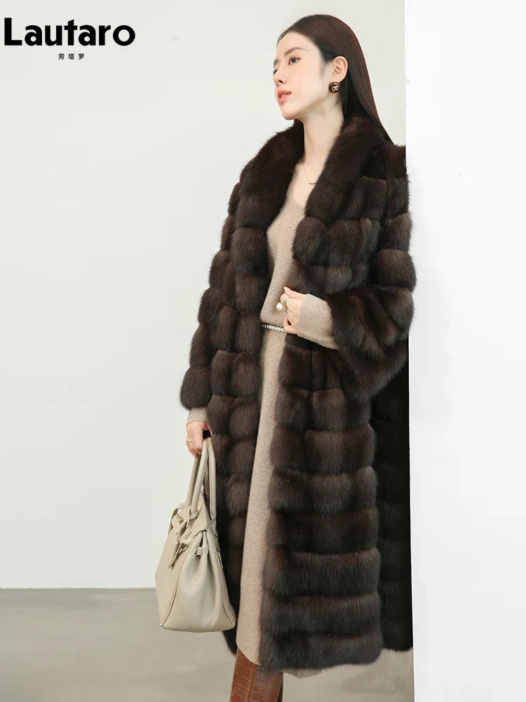 Autumn Winter Elegant Luxury Chic Long Thick Warm Faux Sable Fur Coat Women Shawl Collar Fluffy Overcoat