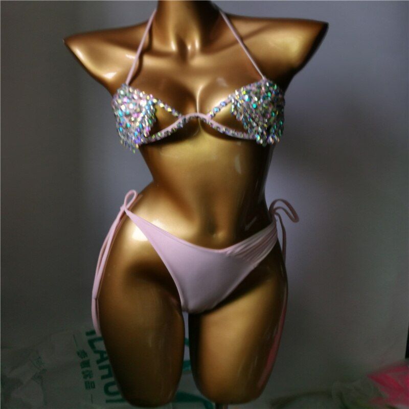 Sexy Gathered Rhinestone Bikini Luxury Crystal Diamond Women's Swimsuit Push Up Bandage Micro Swimwear Biquini Pink