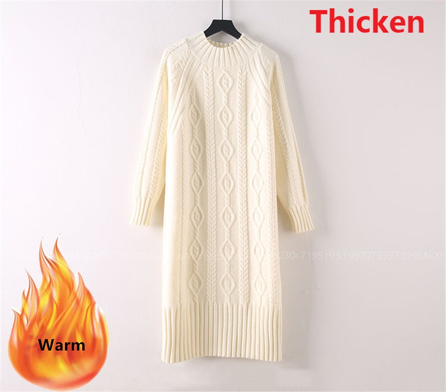 Winter Thicken Plus Velvet Sweater Dress Women's Fall Mock Neck Rib Knit Bottoming Dresses Elegant Warm Vestido Midi With Coats Thicken beige