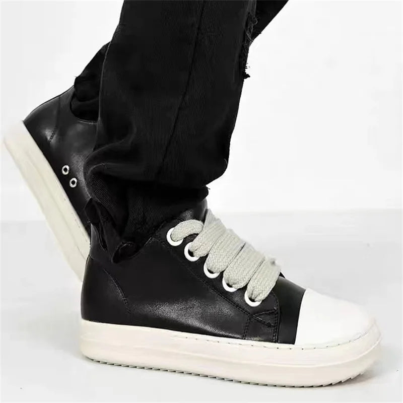 Men's Women Platform Sneakers Black Leather Zipper Lace Up Casual Shoes Thick Bottom Sneakers Large Size Chaussure Femme 2025