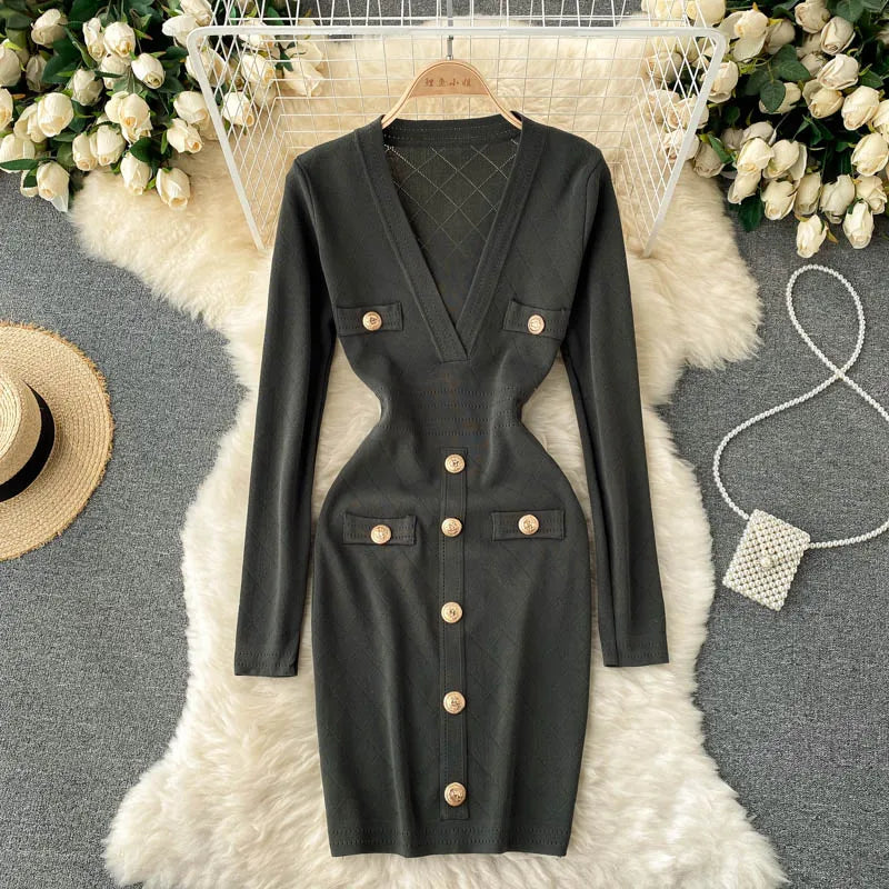 Women Knitted Pencil Dress Korean Long Sleeve V Neck Elastic Slim Dress Autumn Winter Sexy Bodycon Warm Sweater Dress dark green One Size