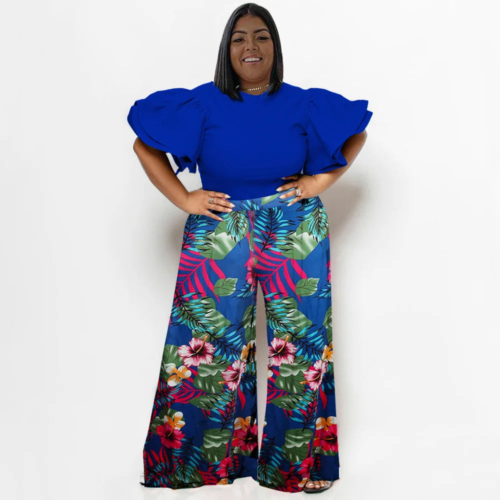 Plus Size Summer 2 Two Piece Set Women Ruffle Pleated Fashion Slim Ladies Blouses Floral Print Loose Pleated Woman Wide Leg Pant Blue