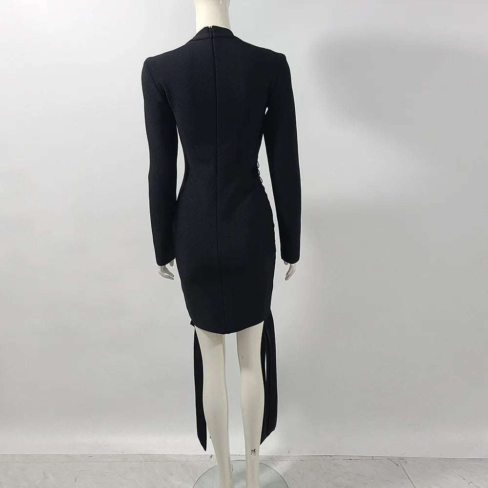 Women Long Sleeve Sexy Laced-up Bodycon Mini Bandage Dress Fashion Celebrate Nightclub Party Cocktail Outfit