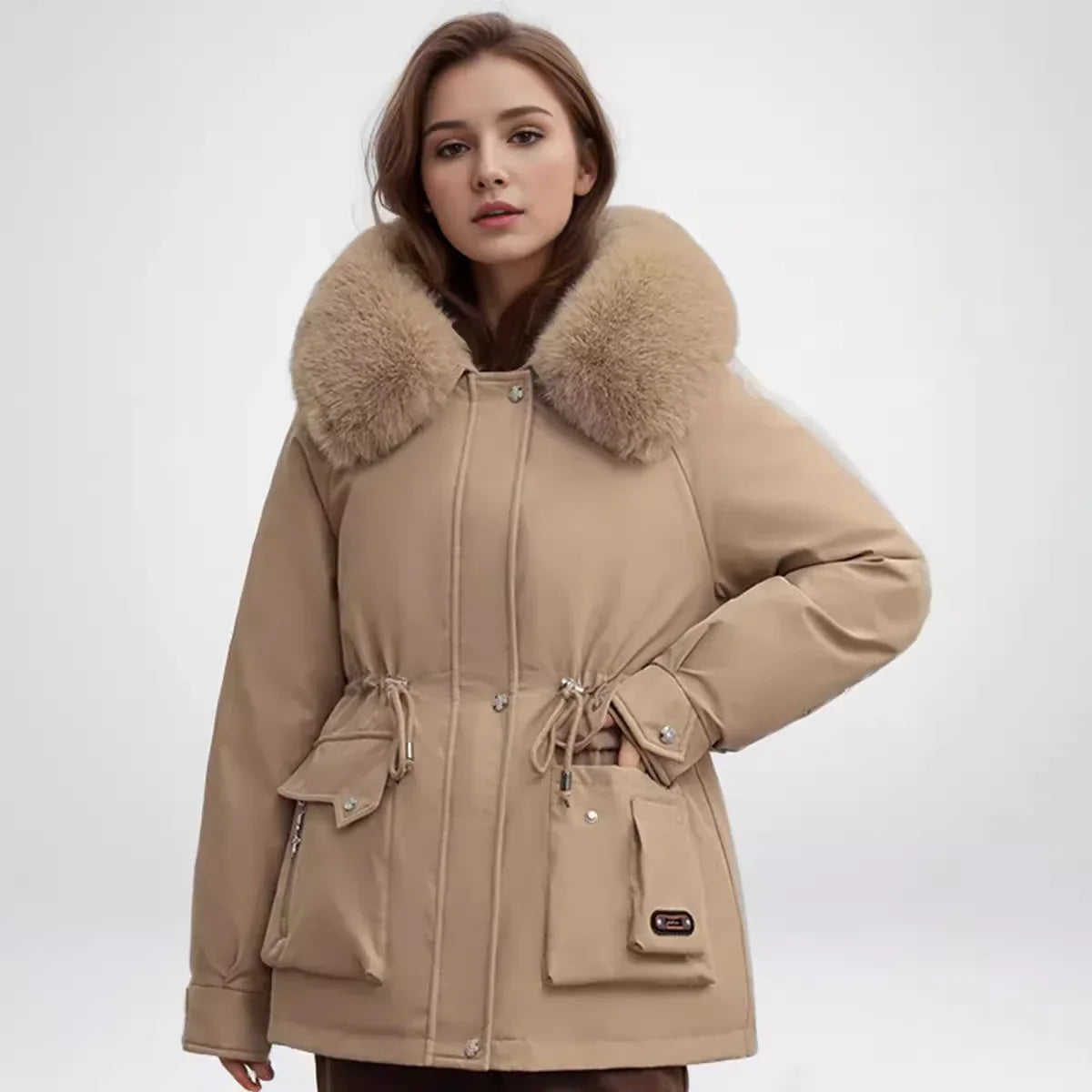 Winter Women's Jacket Fur Collar Thicken Warm Casual Cotton Jacket Female 2 Pocket Drawstring Waist Cinching Parka Jacket Khaki